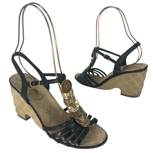 Chanel Coin Medallion Quilted Suede & Leather Heeled Wedge Sandals - Picture 4 of 16